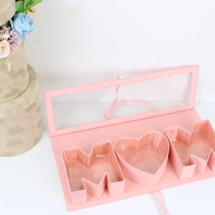 Elegant Design Supply – Caixa de presente por atacado – Caixa de Flores 'MÃE' para o Dia da Mãe com Tampa de PVC Transparente, Forro de Plástico e Fita de Cetim2