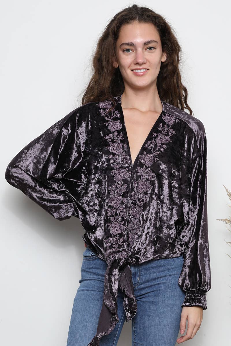 Nostalgia - Wholesale Blouse - Women's - E2V75-ASIS CRUSHED VELVET V NECK EMBROIDERED TIE WAIST TOP2