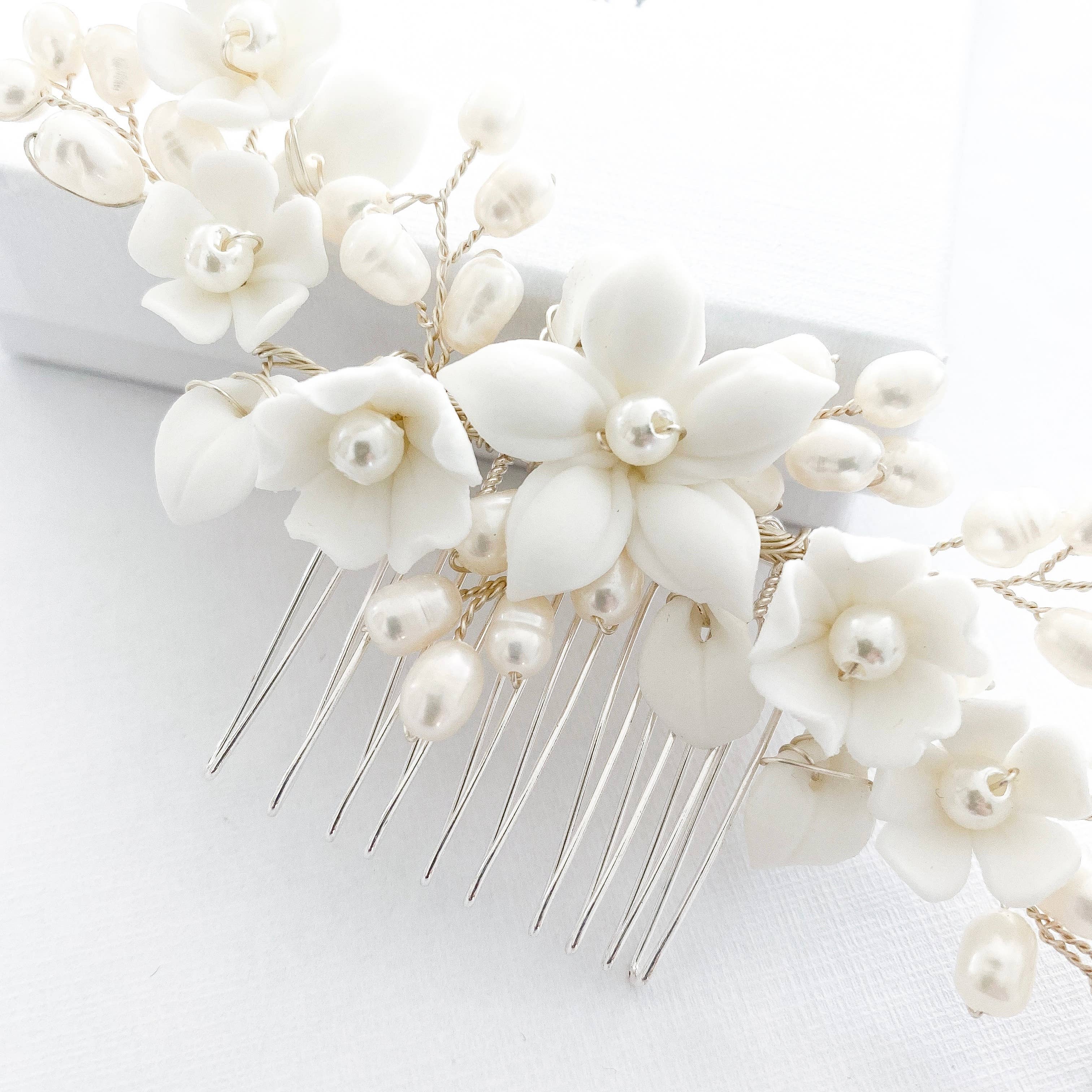 Nicholls Jewellery - Wholesale Hair Pin - Porcelain White Flower and Freshwater Pearl Comb5