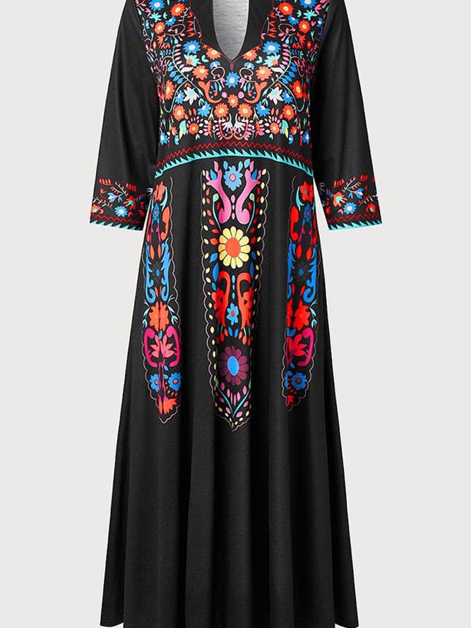 UNISHE - Wholesale Dress - Women's - Summer Boho Floral Print V Neck Maxi Dress ZK14621
