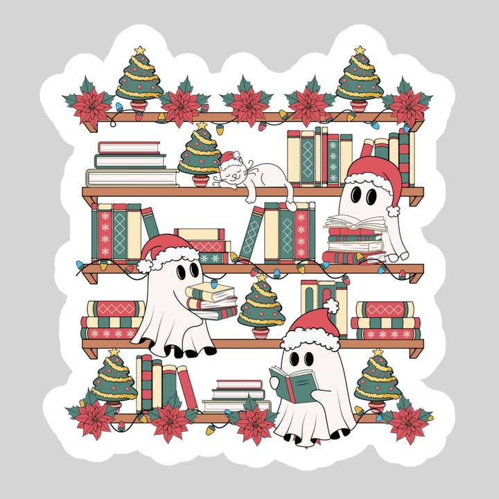 Reading Ghosts Chrostmas Book Reader Sticker – 3" Waterproof Bookish Sticker with Holo Overlay – Reading, Books, Reader Gift, Book Lover, Bookstore Merch for wholesale by Purely Bookish