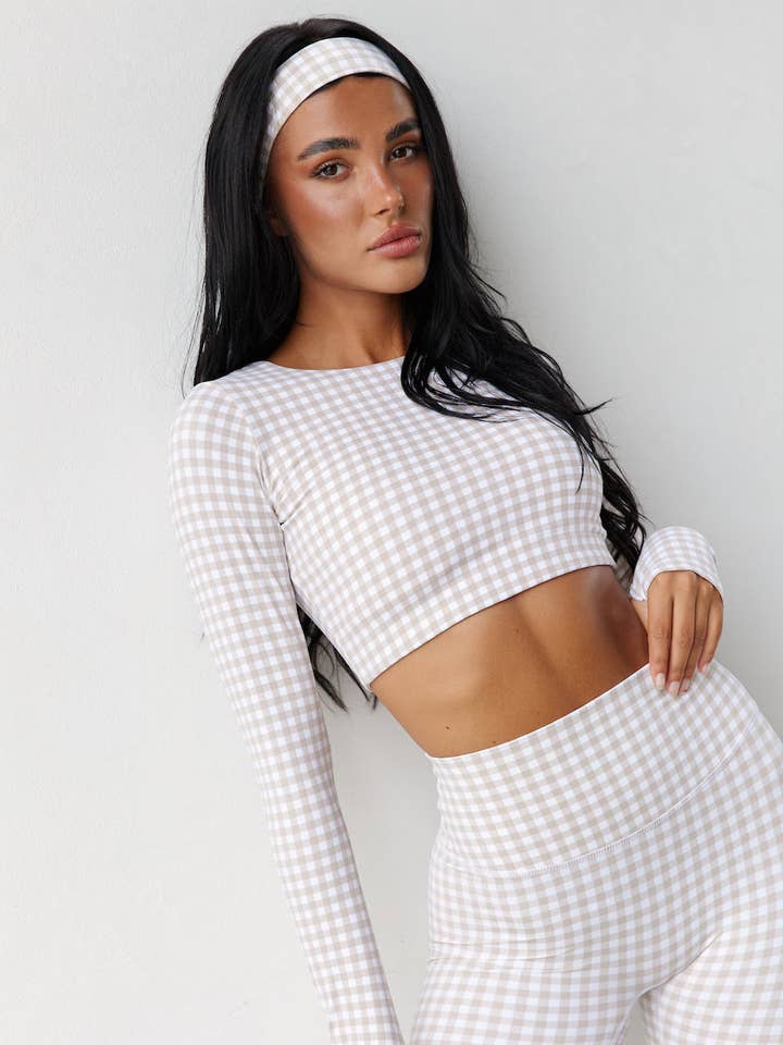 Astoria LUXE BALANCE Staple Sleeved Crop - Beige Gingham for wholesale by Astoria Activewear