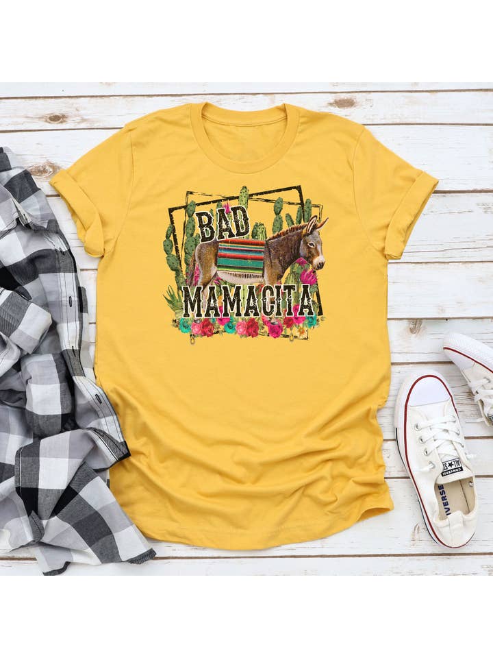 Rebel Rose - Wholesale Screen Printed T-Shirt - Women's - Bad Mamacita Graphic Tee Mustard