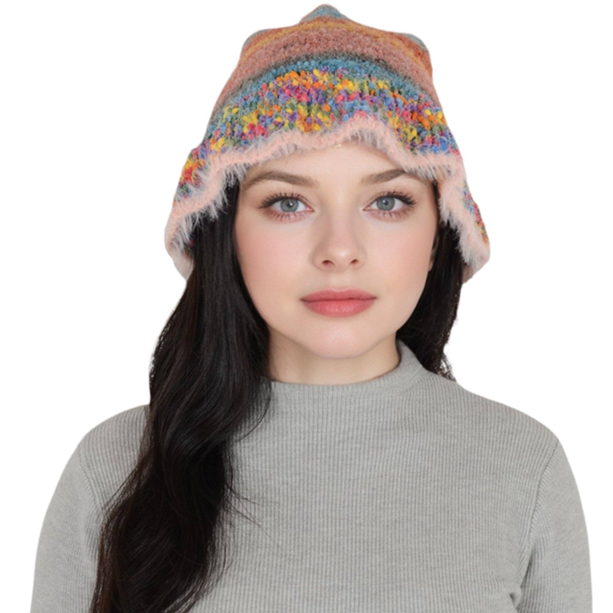AK Brand – wholesale Bucket hat – Women's – Colorful Striped Knit Bucket Hat Fluffy Winter Fisherman Hat7
