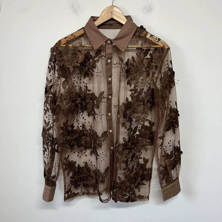 SY536 Sheer Mesh Shirt with Heavy Floral Embroidery for wholesale by Sanyao Fashion