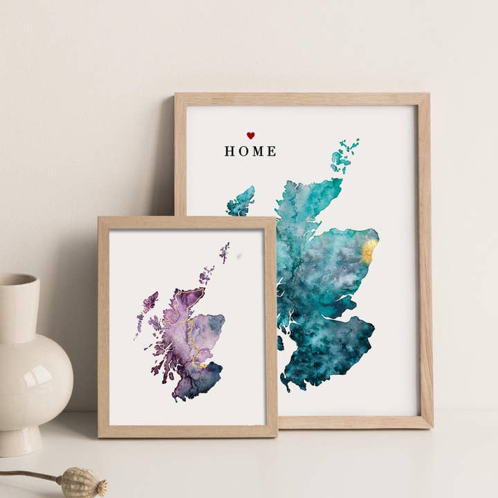 Stampa artistica giclée personalizzata con mappa acquerello della Scozia per la vendita all'ingrosso da parte di EJayDesign