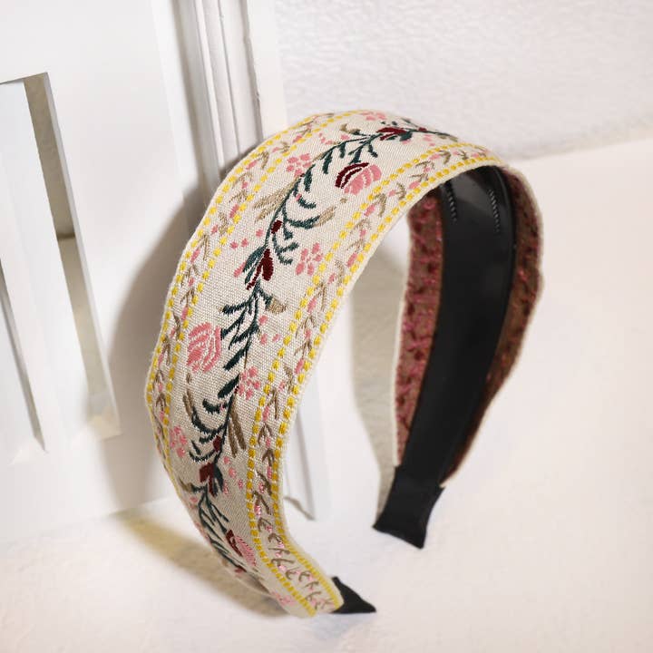 MKS America - Wholesale Fashion Headband - Women's - wide coverage Vintage embroidered floral headband