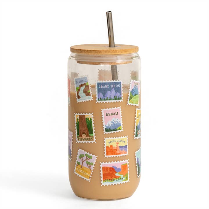 Pippi Post - Wholesale Drinking Glass/Cup - National Parks Postage Stamps Glass Can