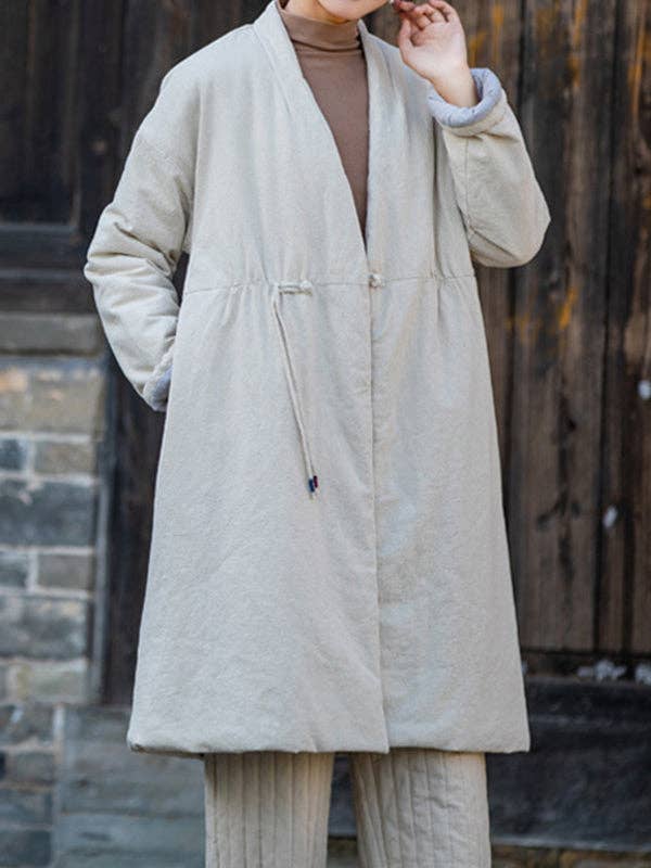 VividLux – Engroshandel Frakke - Dame – Lange ærmer Løst bomuldspolstret tøj Træksnor Quiltet ensfarvet fløjl V-hals Overtøj Polstret frakke