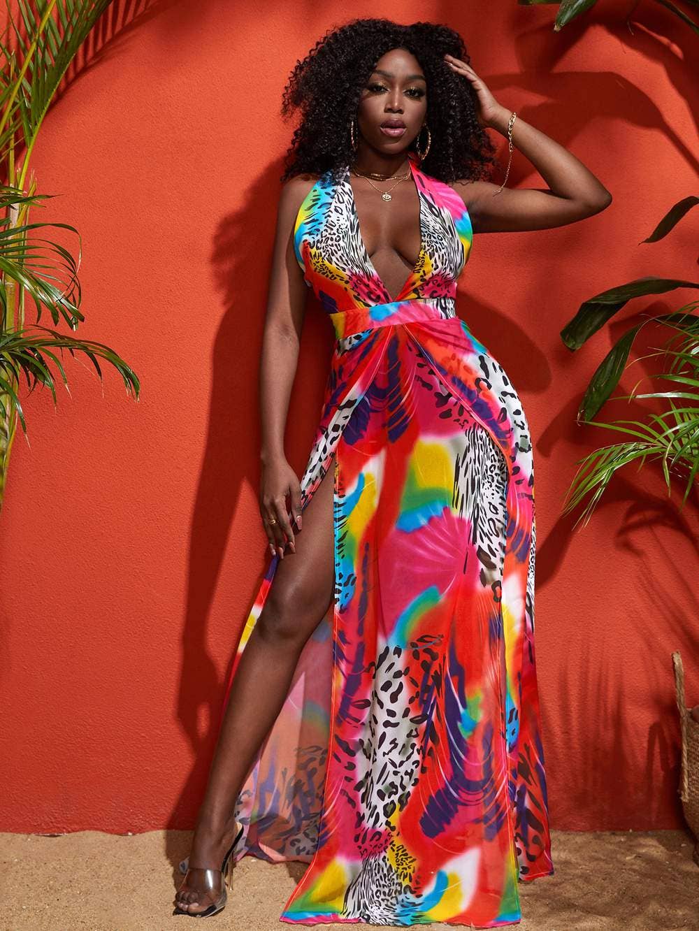 MULTICOLORE abito a coscia divisa con stampa leopardata sxy tie dye in vendita all'ingrosso su Faire2