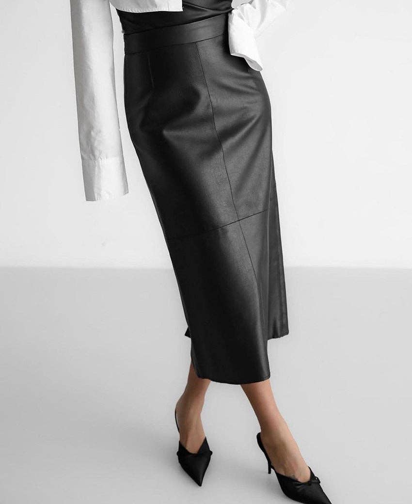 Marayn – wholesale Skirt – Women’s – 2025 NEW Vintage Faux Leather Slit Skirt AutumnWinter16