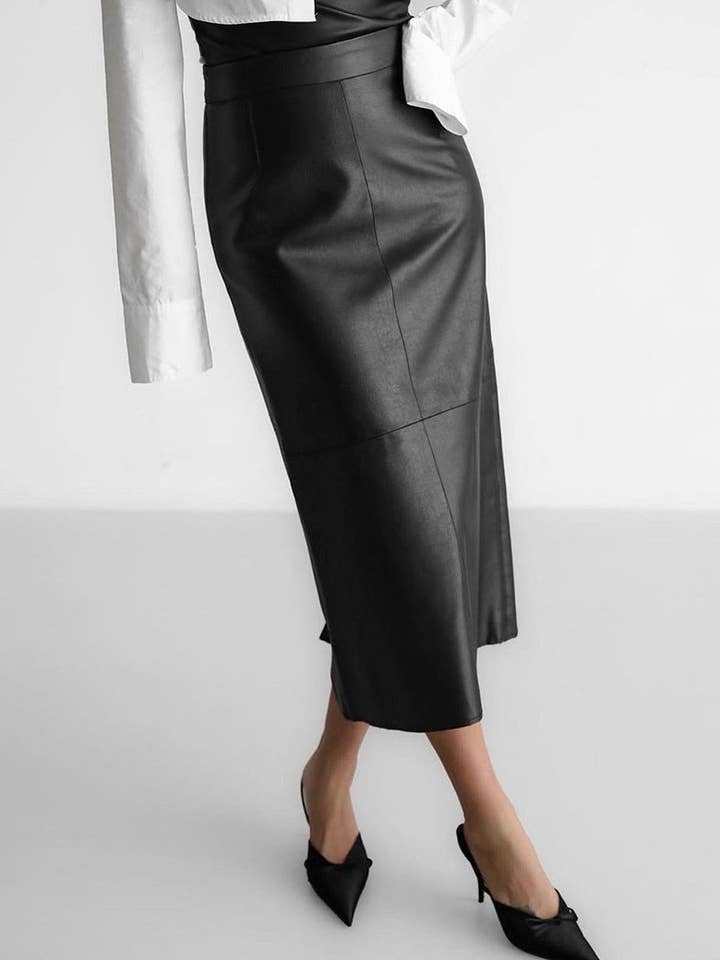 Marayn – wholesale Skirt – Women’s – 2025 NEW Vintage Faux Leather Slit Skirt AutumnWinter16