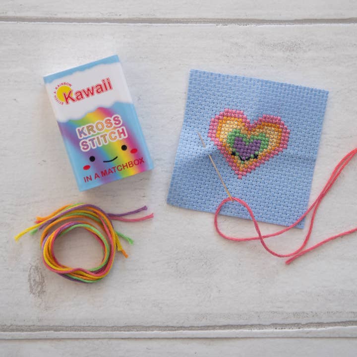 Marvling Bros Ltd - Wholesale Embroidery/Cross Stitch Supplies - Kawaii Rainbow Heart Mini Cross Stitch Kit In A Matchbox
