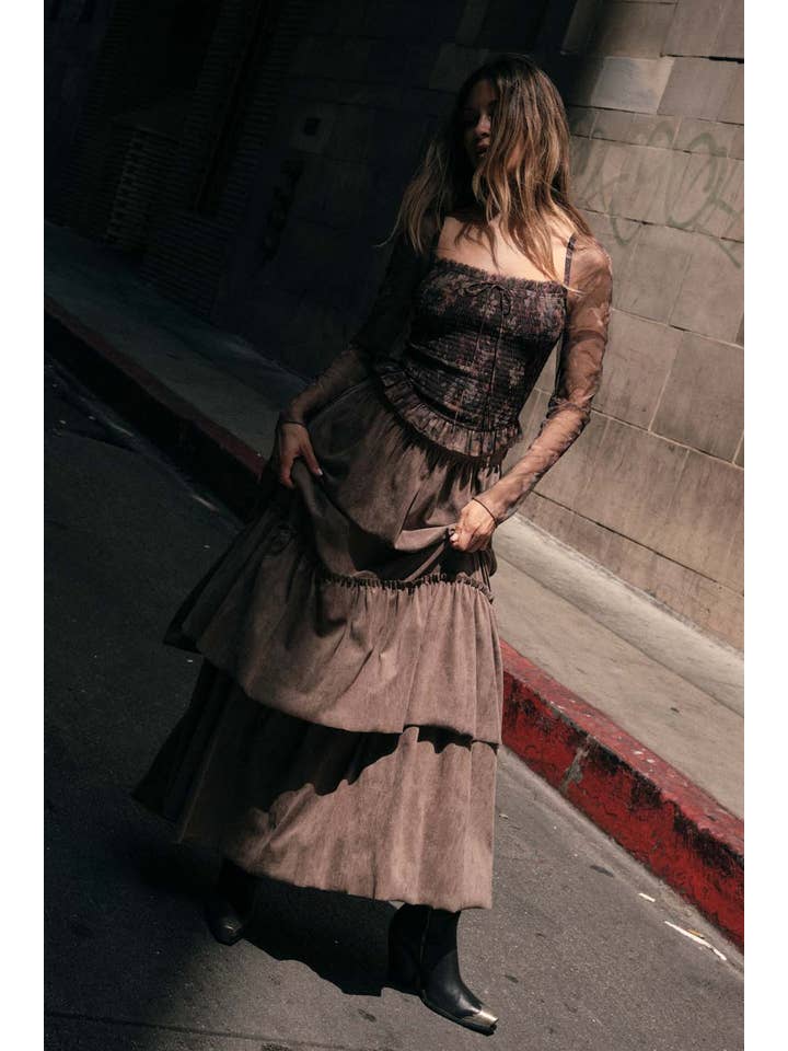 Promesa USA - Wholesale Skirt - Women's - Faux Suede Raw-Edge Tiered Ruffle Maxi Skirt13