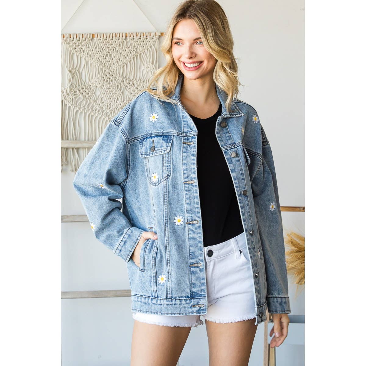 Med Wash Embroidered Floral Overszie Denim Jacket for wholesale on Faire3