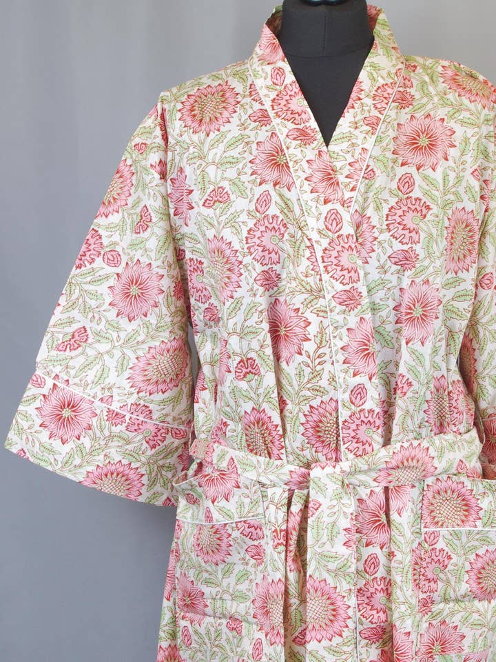 Kantha Decor - Venta al por mayor Kimono - Mujer - Bata kimono de algodón con girasoles rosas sobre fondo crema0