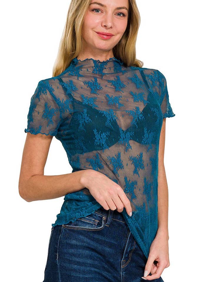 Top con maniche corte in pizzo trasparente a strati per la vendita all'ingrosso da parte di Vanilla Monkey