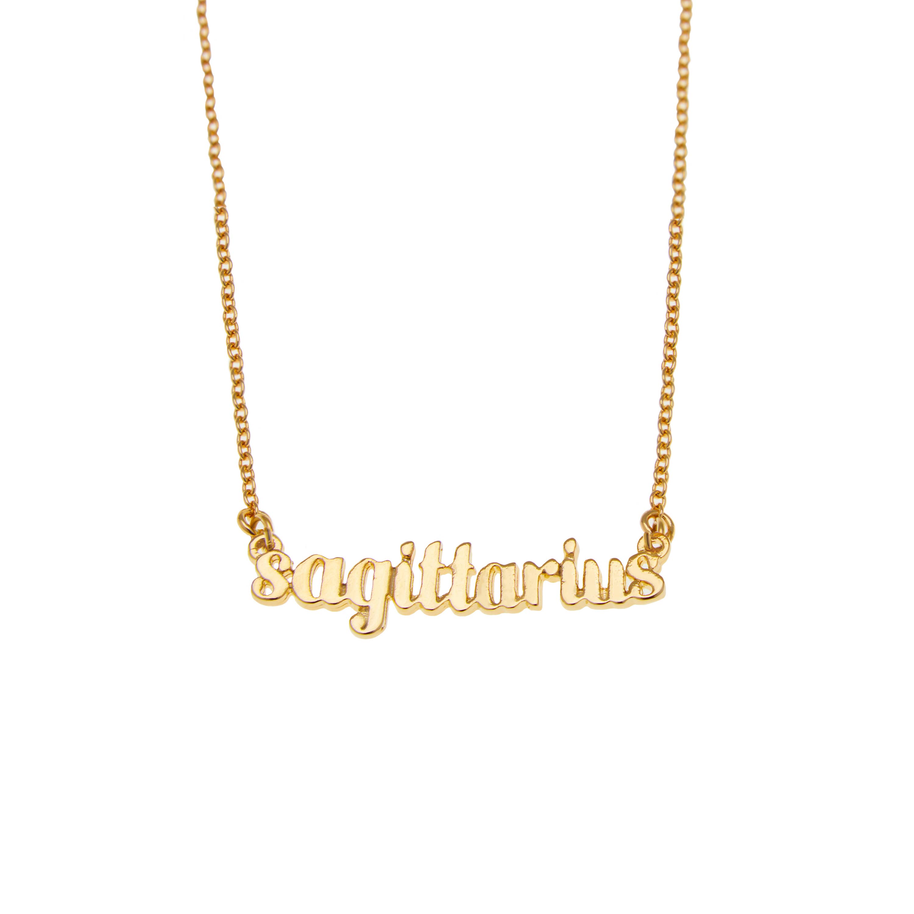 Gold Zodiac Sagittarius Script Necklace | Horoscope Accessories for wholesale on Faire2
