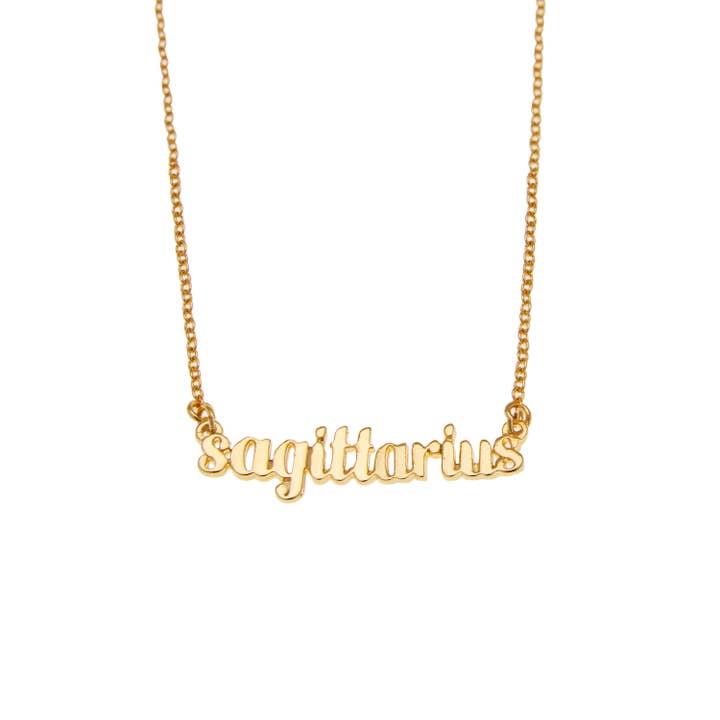 Gold Zodiac Sagittarius Script Necklace | Horoscope Accessories for wholesale on Faire2
