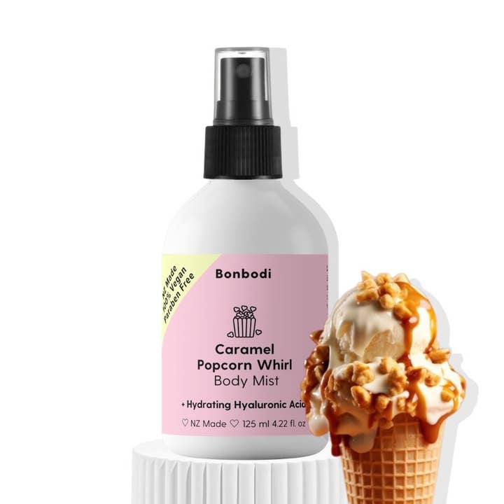 Caramel Popcorn Whirl Body Mist 🍦(125 ml) for wholesale by Bonbodi | The Bonbon Factory glow-up