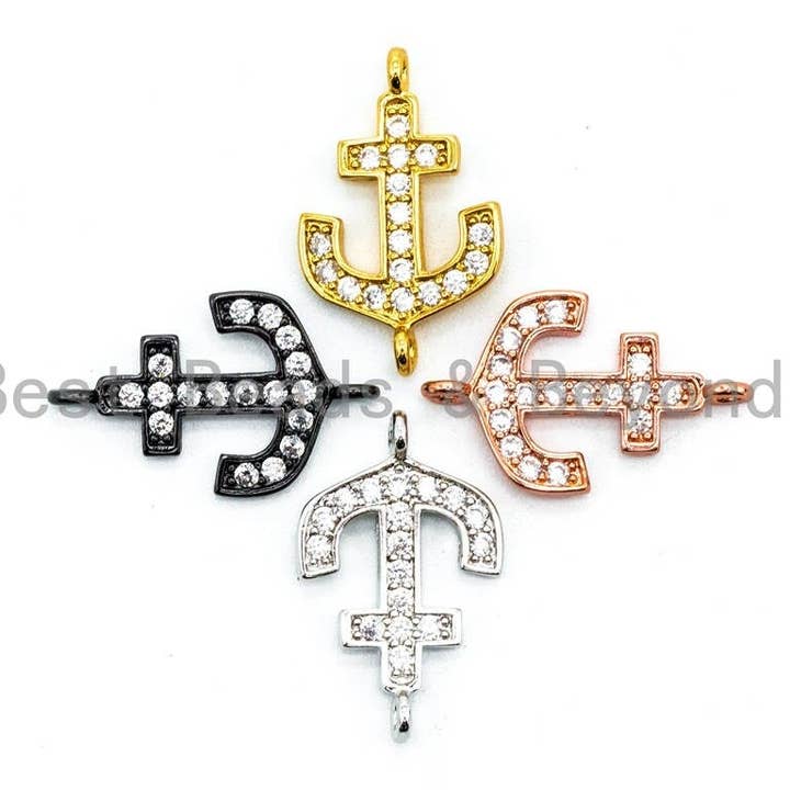 BestBeads&Beyond - Wholesale Individual Charm/Pendant - CZ Clear Micro Pave Anchor Arrow Connector, Clear CZ on Gold/Silver/Rose Gold/Gunmetal Bracelet Necklace Charm,14x23mm, sku#M217