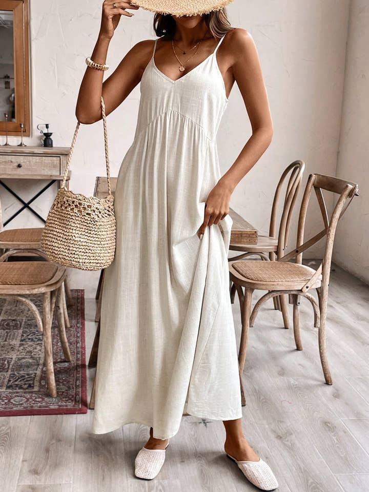 beige Linen blend Scoop Neck Cami dress with bow tie at back for wholesale on Faire