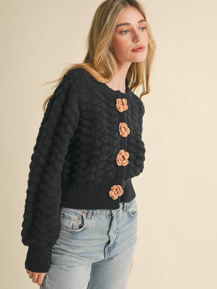 &MERCI - Wholesale Cardigan - Women's - TEXTURED SWEATER CARDIGAN WITH KNIT ROSETTE DETAIL MSW1073518