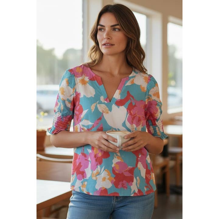SMOCKED SLEEVE FLORAL PRINT TOP for wholesale by STACCATO