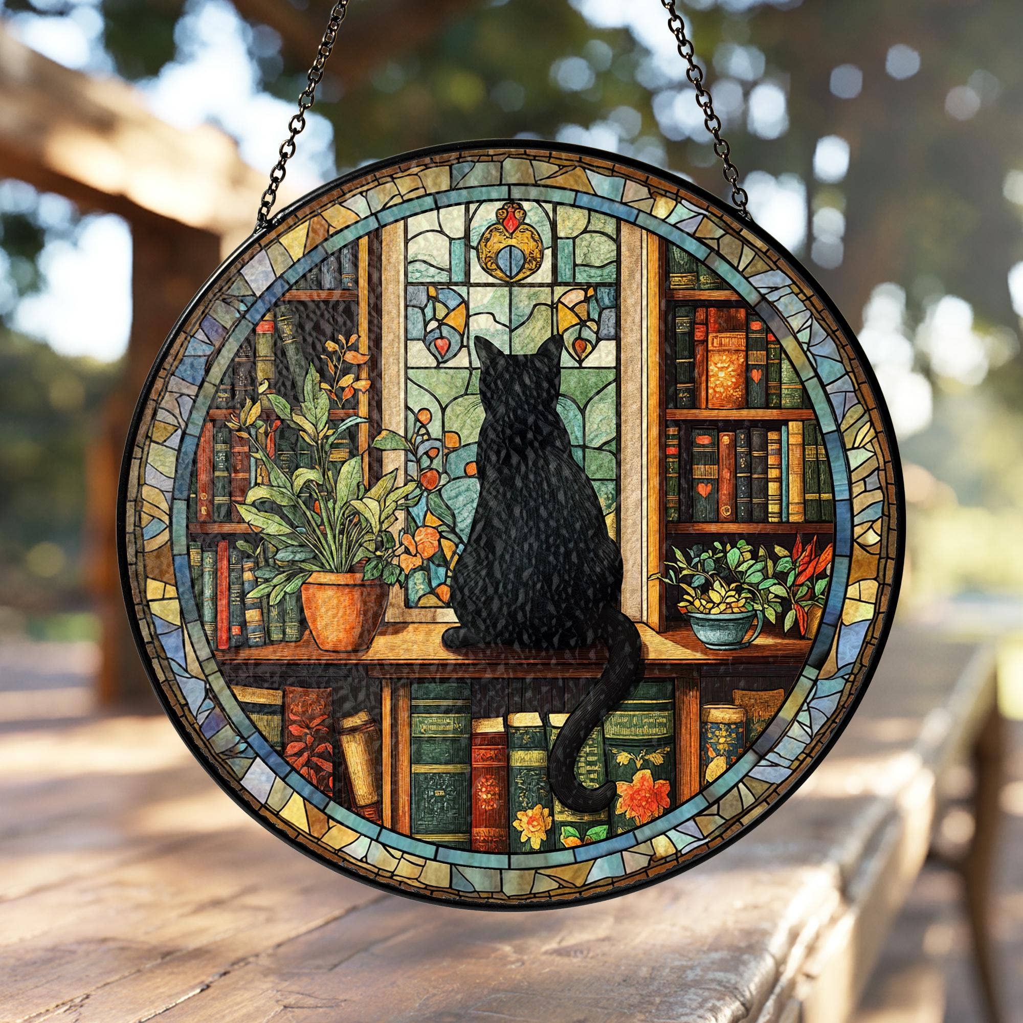 NVC Ecommerce LLC – wholesale Suncatcher – Black Cat and Book Stained Glass Suncatcher, Librarian Decor