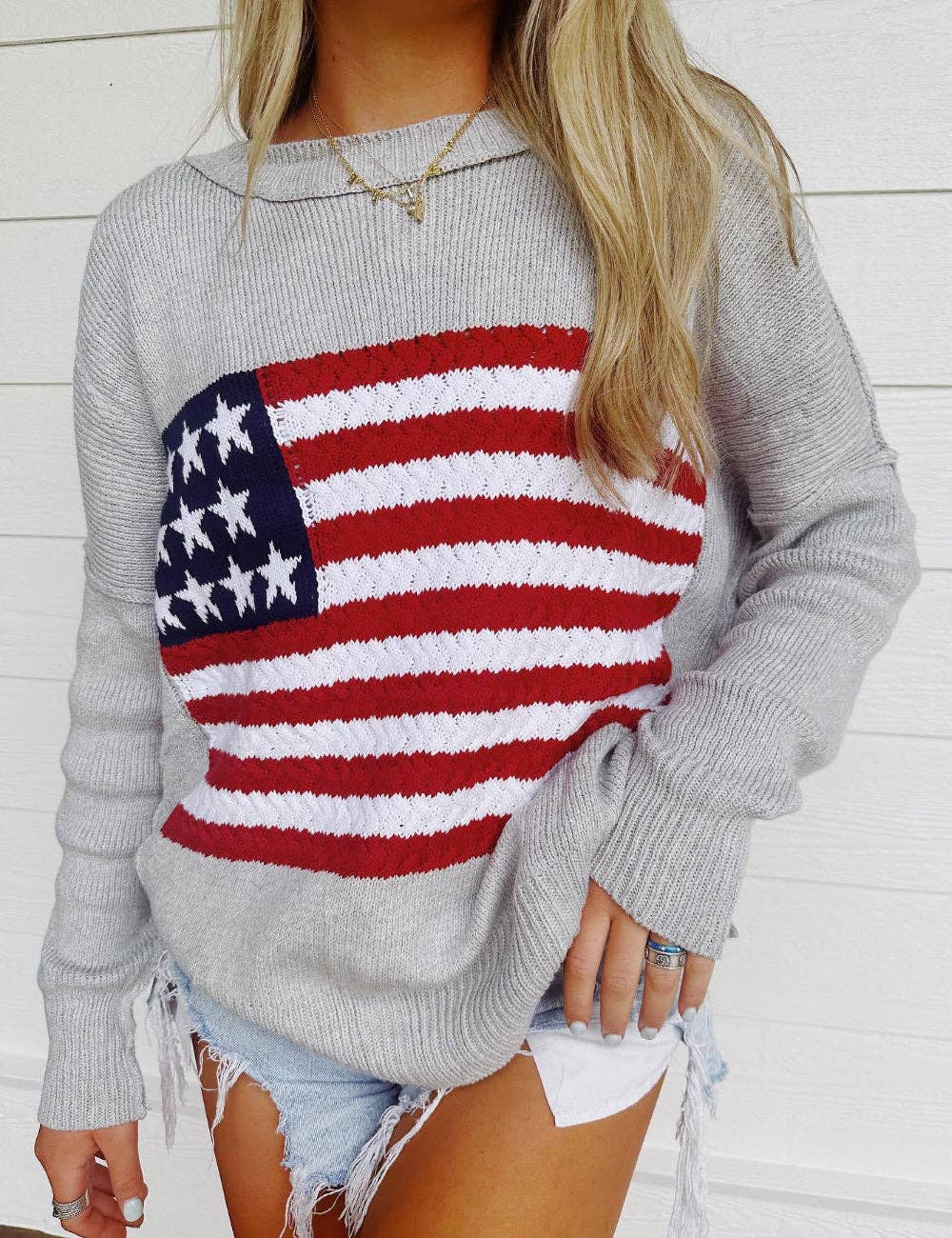 Sweetkama - Venta al por mayor Jersey de punto - Mujer - Jersey de Mujer con Cuello Redondo y Bandera Americana SKT410708