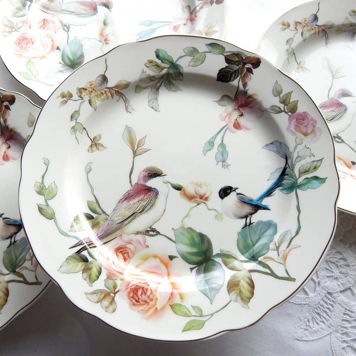 All Little Cute Things - Wholesale Dinner Plate - Birds and Vintage Roses. Lunch Dinner Plate 11 inch dish