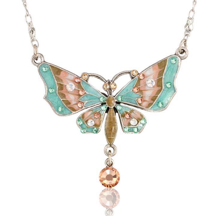Collier Élégant Papillon en Cristal avec Gouttes Vert Pastel & Pêche pour la vente par Anne Koplik Designs, Inc.