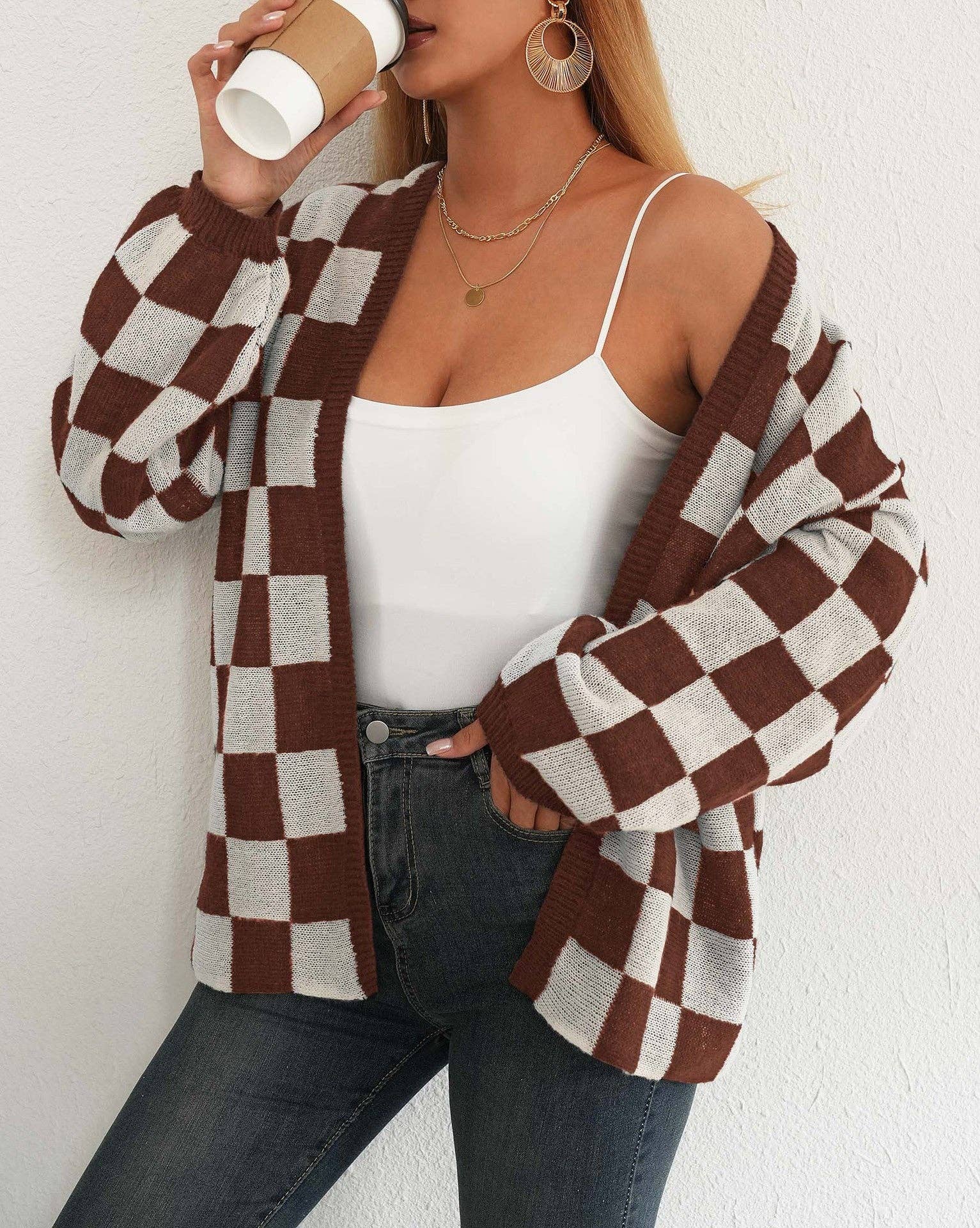 Suhkasana - Wholesale Cardigan - Women's - Plaid Colorblock Open Cardigan Sweater | Cozy Casual Layer4