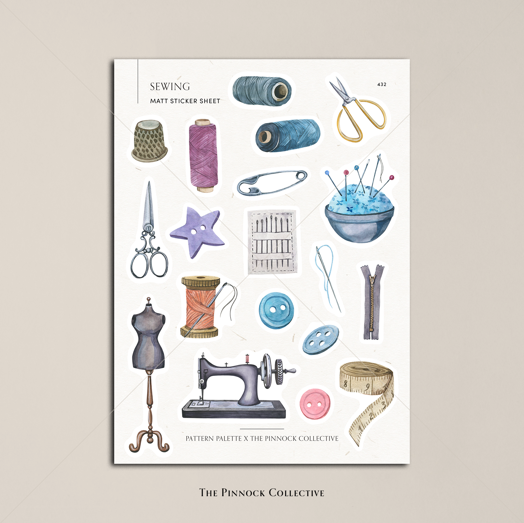 The Pinnock Collective – wholesale Sticker – Watercolour Sewing Sticker Sheet2