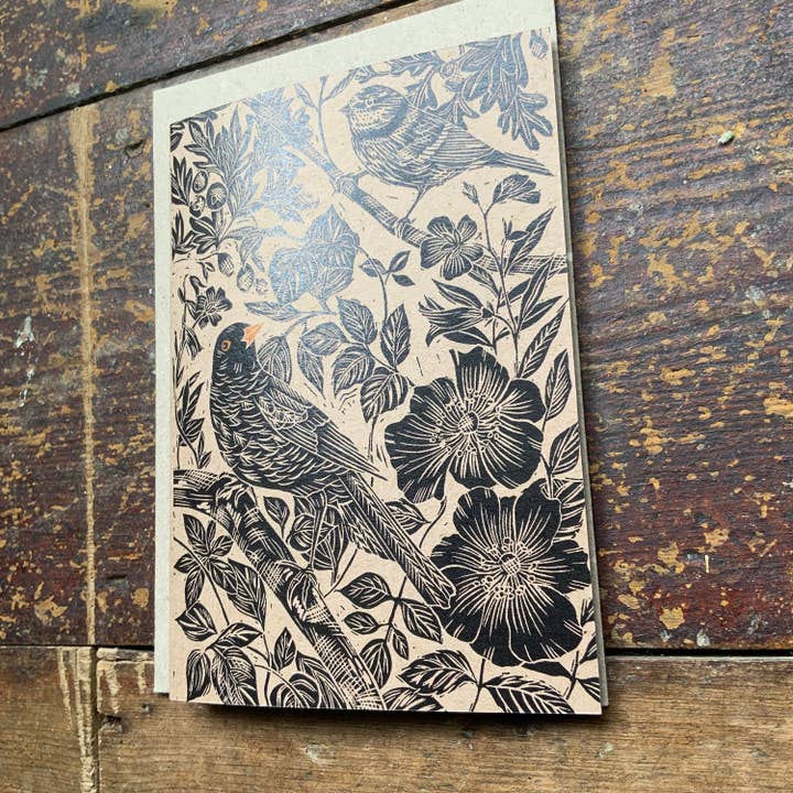 Vivienne Keable - Wholesale Birthday Card - Linocut Print - Blackbird - Greeting Card - Bird - Birthday Card - Nature Card - Hand Printed- Digital Print - Art Card2