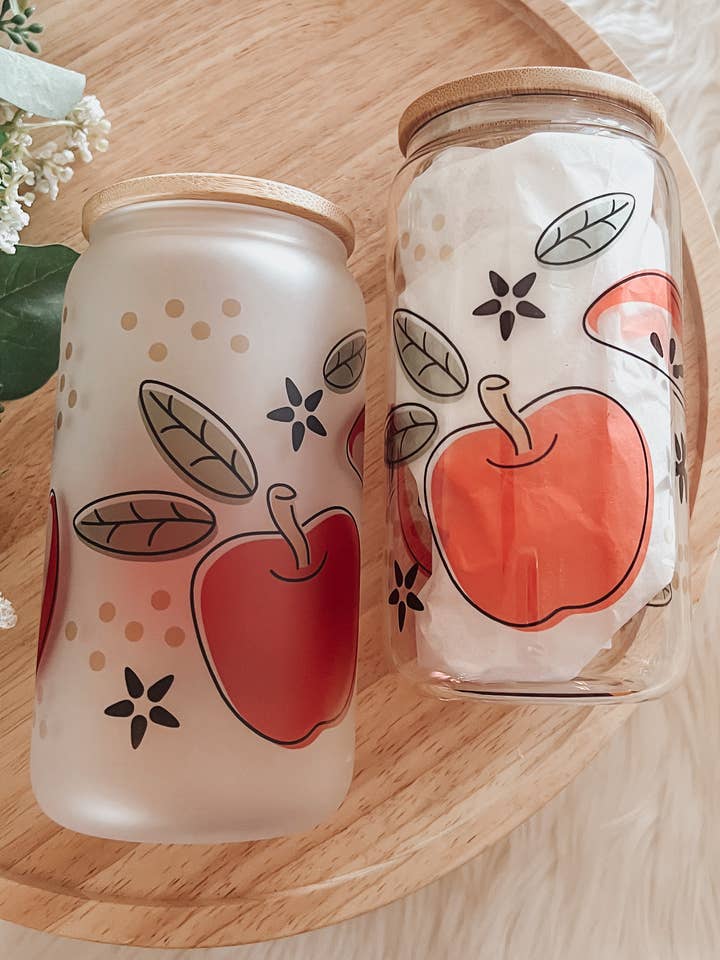 Apples 16oz Glass Cup with Bamboo Lid for wholesale by Emma K Designs