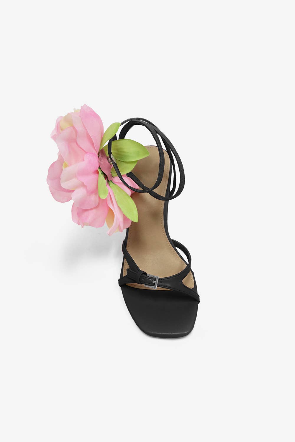 Lemonade Shoes - Wholesale High Heels - Women's - MAI - Flower Heel, Strappy Square Toe, Black/Pink1