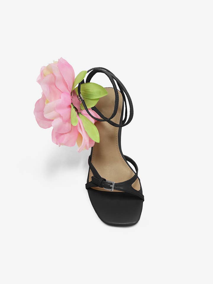Lemonade Shoes - Wholesale High Heels - Women's - MAI - Flower Heel, Strappy Square Toe, Black/Pink1