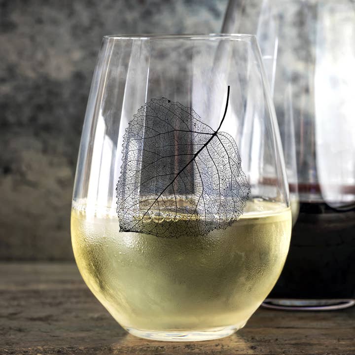 Black Lantern - Wholesale Wine Glass - Aspen Leaf Wine Glasses - Set of 2 - Stemless Wine Glasses