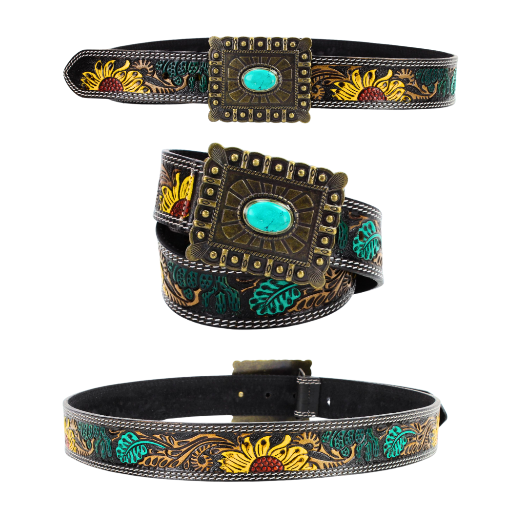 Leather Impressions Inc - Wholesale Belt - Women's - Sunflower Tooled Belt w/ Contrast Stitch ABBWST 383
