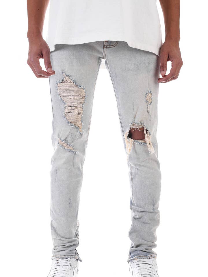 BLUE DISTRESSED ANKLE ZIP JEANS - Skinny Fit for wholesale on Faire