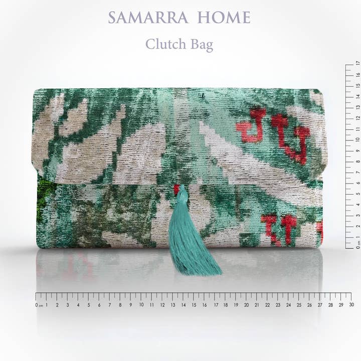 Green Ikat Velvet Clutch: Handwoven Silk with Tassel for wholesale by Samarra Home