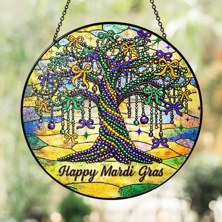Happy Mardi Gras Tree Suncatcher, Glass Window Hanging for wholesale by TMLECOM LTD