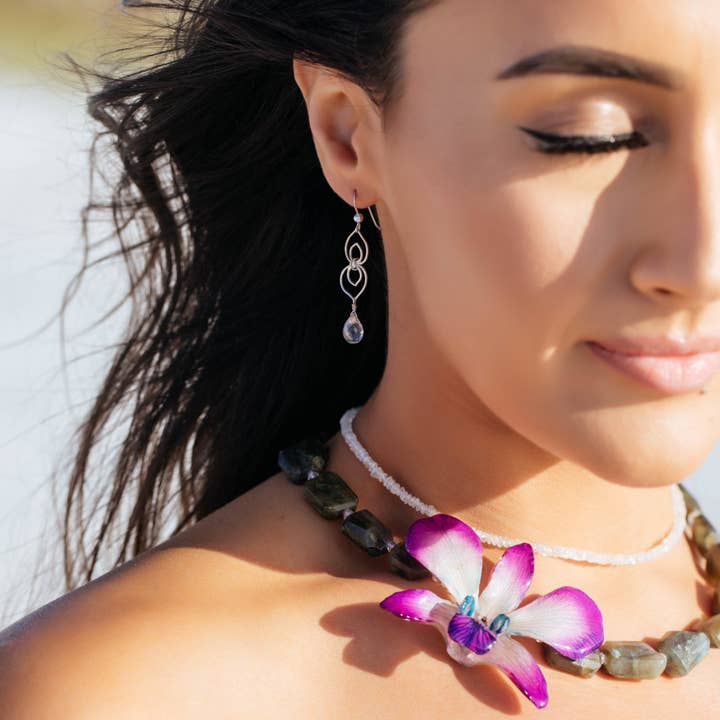 "Misti" Labradorite and Topaz Real Orchid Statement Necklace for wholesale by Devi & Co