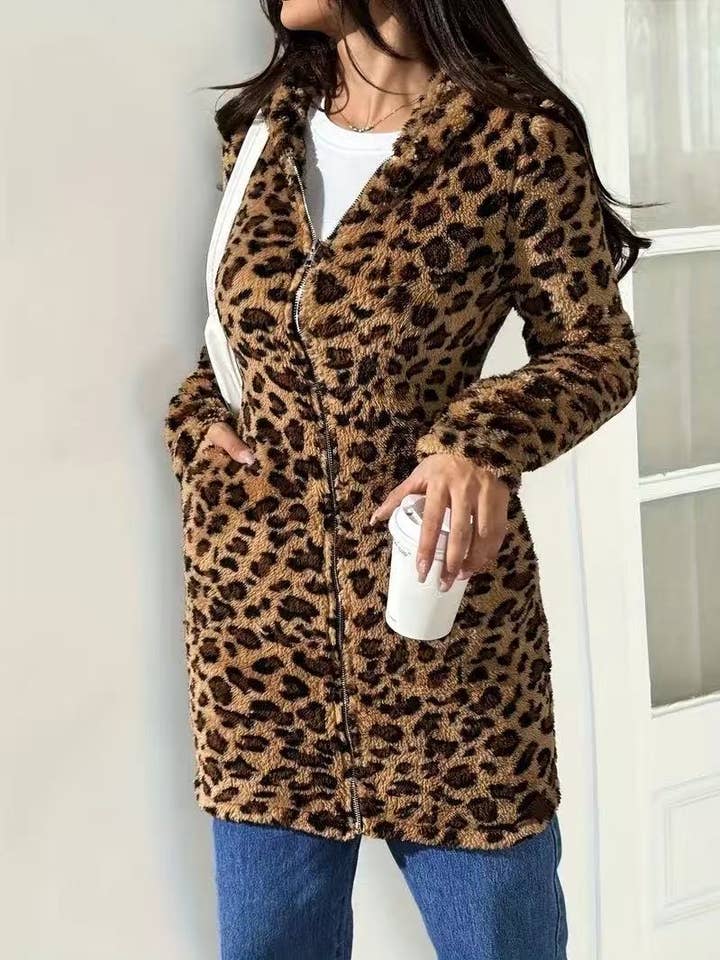 Mid-Length Leopard Print Zip-Up Hoodie for wholesale by Rosa Clothing