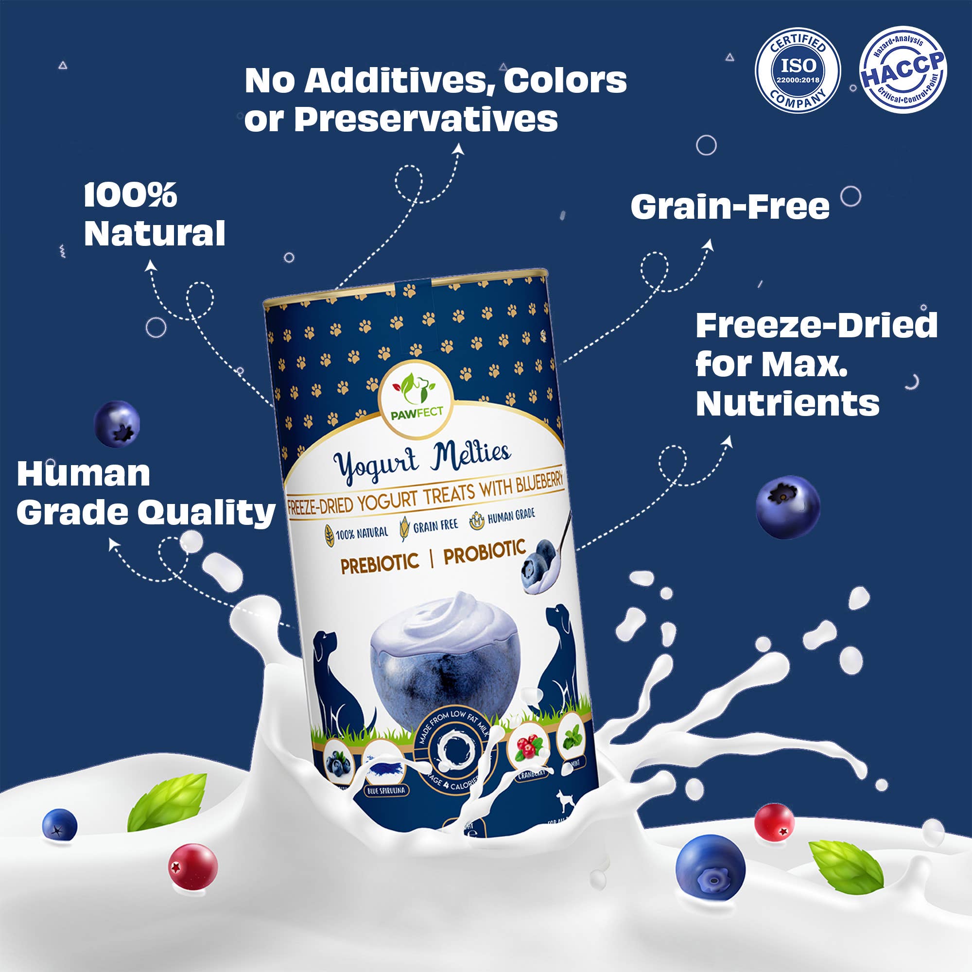 Pawfect Foods - Vendita all'ingrosso Snack - Cani - Pawfect Yogurt Melties Pre e Probiotici per Cani con Mirtillo, Mirtillo Rosso, Spirulina Blu e Menta | Intestino Sano | Basse Calorie | Senza Cereali e Glutine | Ricompensa o Snack per l'Addestramento (38g/1.34oz)3