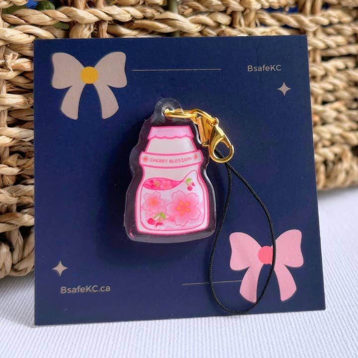 Cherry Blossom Acrylic Phone Charm yakult Keychain | Handmade Charm | Cute Sanrio Gift for wholesale by BsafeKC