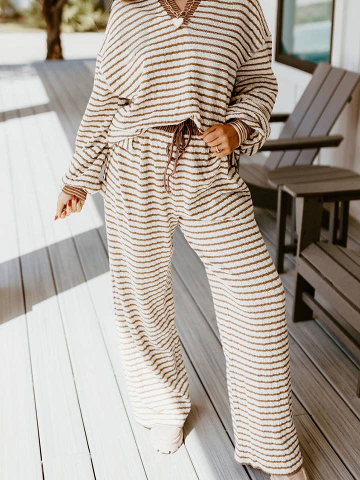 Stripe Collared Pullover Top and Drawstring Pant Set for wholesale by LA Society