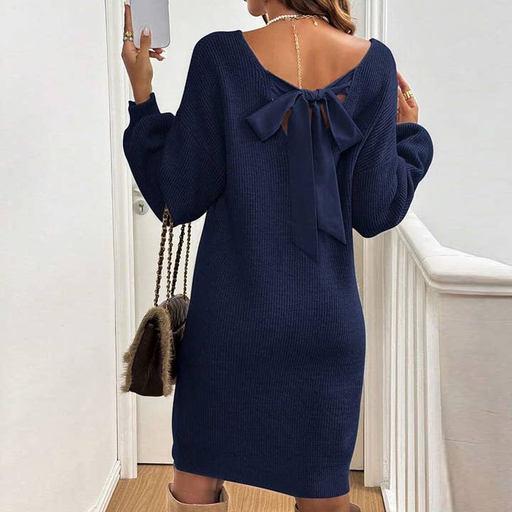 HIDDENBRAND - Wholesale Dress - Women's - Back V-Neck Bow Versatile Sweater Dress5