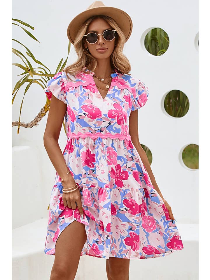 Little Daisy Closet - Wholesale Dress - Women's - LDC Floral V Notched Ric Rac Flutter Sleeve Dress